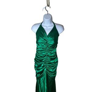 Vintage Jessica McClintock 90s Satin Halter Formal Dress Green Holiday Sz 4 Y2K